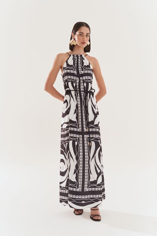 Vestido Iódice Longo Decote Reto Com Cinto Preto