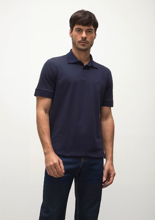 Camiseta Polo Regular Gola Retilínea Bordada Com Peitilho Azul Marinho