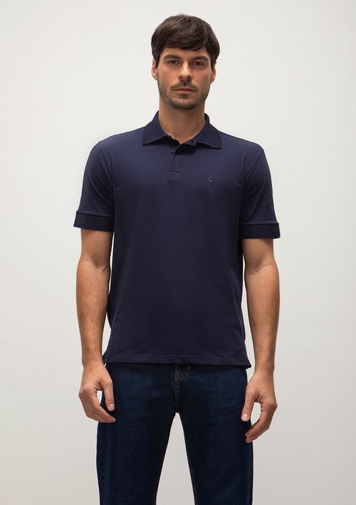 Camiseta Polo Regular Gola Retilínea Bordada Com Peitilho Azul Marinho