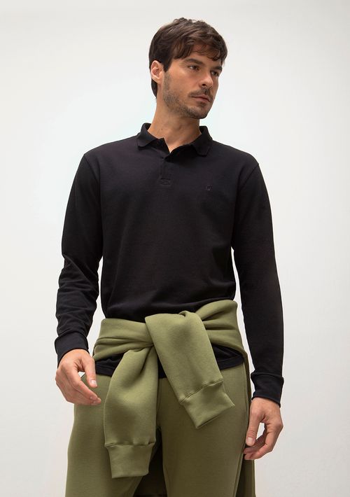 Camiseta Polo Regular Gola Retilínea Bordada Com Peitilho Preto