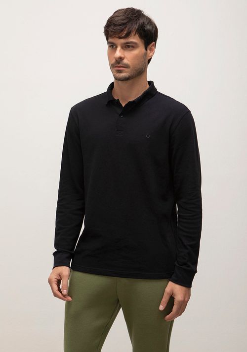 Camiseta Polo Regular Gola Retilínea Bordada Com Peitilho Preto
