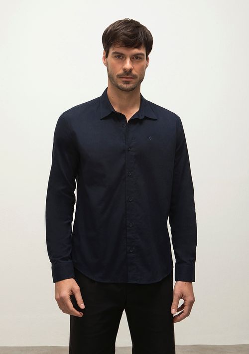 Camisa Manga Longa Detalhe Bordado Logo Marca Azul Marinho