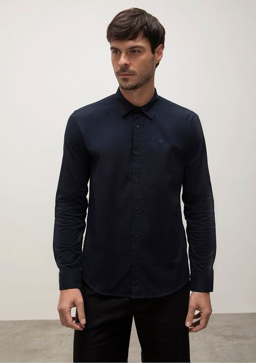 Camisa Manga Longa Detalhe Bordado Logo Marca Azul Marinho
