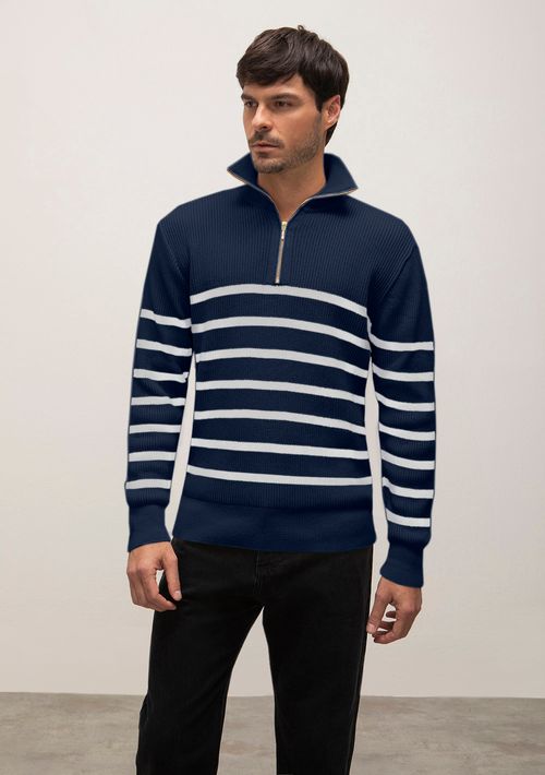 Blusa Gola Alta Manga Longa Tricôt Azul Marinho
