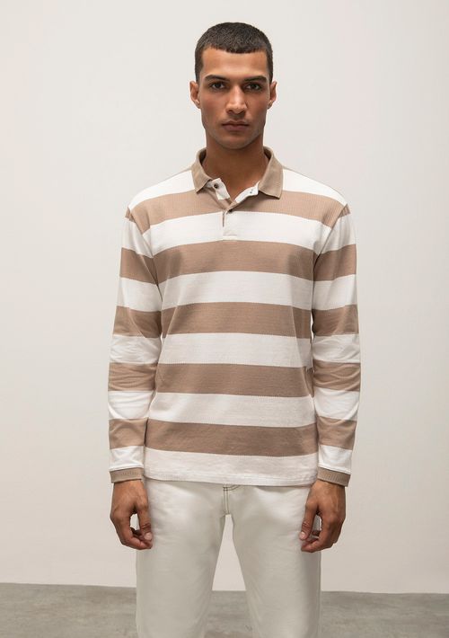 Camiseta Regular Gola Polo Manga Longa Com Listras Off White