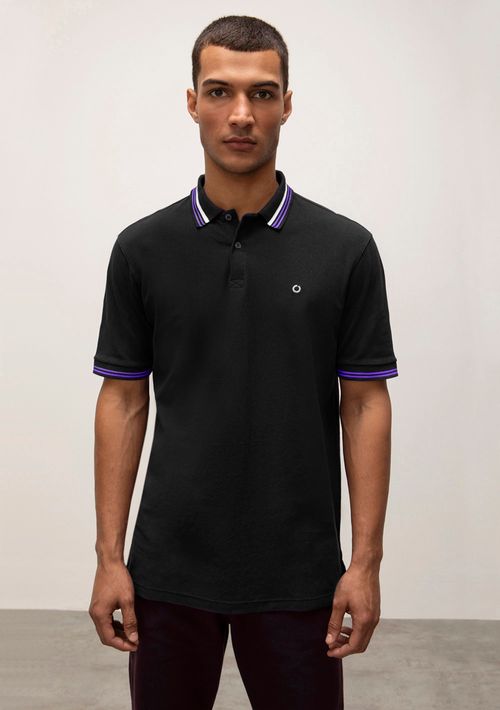 Camiseta Regular Gola Polo Friso Gola Bordado Preto