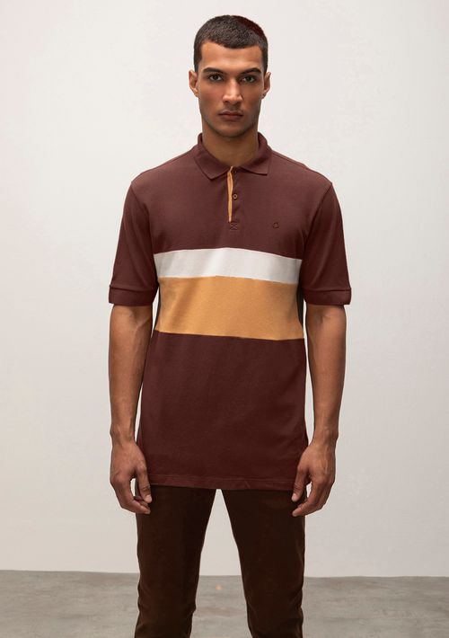 Camiseta Regular Gola Polo Detalhe Frente Com Recortes Marrom