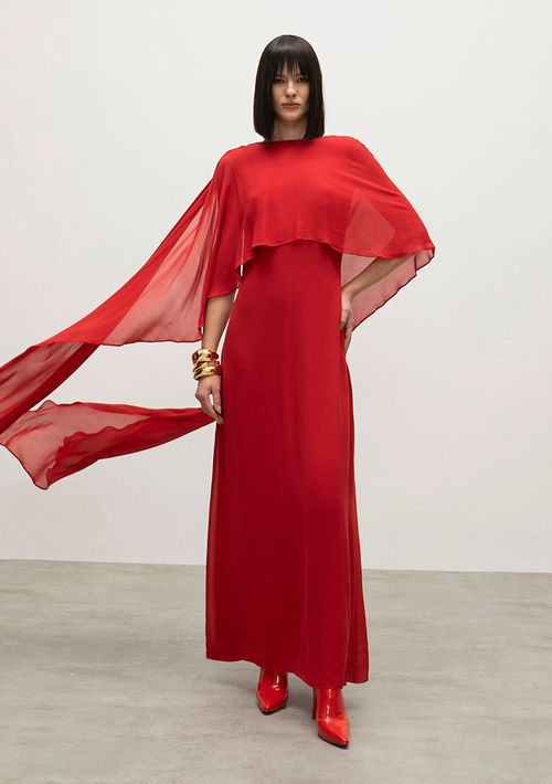 Vestido Iódice Longo Decote Redondo Com Sóbreposicao Vermelho