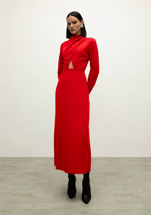 Vestido Iódice Longo Decote Redondo Abertura Frente Vermelho