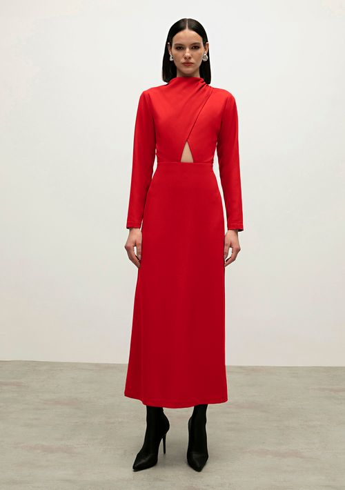 Vestido Iódice Longo Decote Redondo Abertura Frente Vermelho