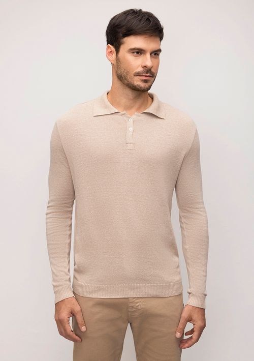 Blusa Gola Polo Manga Longa Tricot Bege