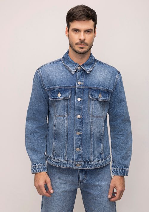 Jaqueta Reta Com Recorte Jeans
