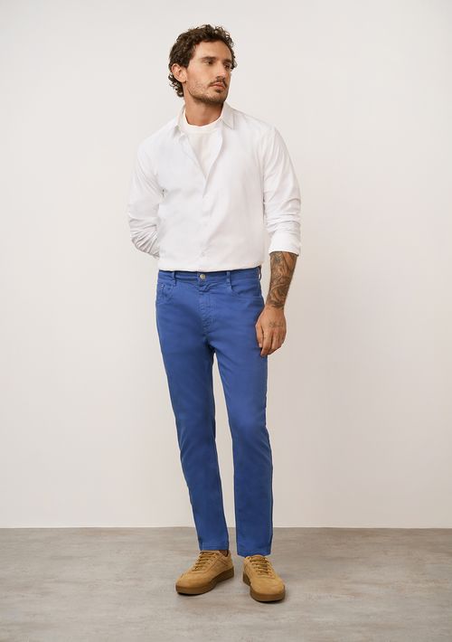 Calça Slim Cós Intermediário Detalhe Pesponto Azul Marinho
