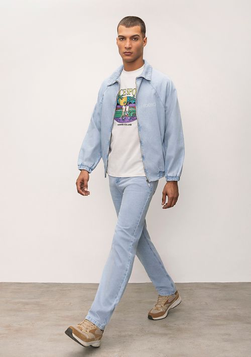 Calça Reta Cós Intermediário Detalhe Pala Jeans