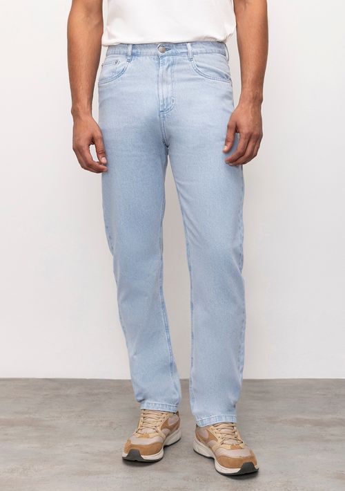 Calça Reta Cós Intermediário Detalhe Pala Jeans