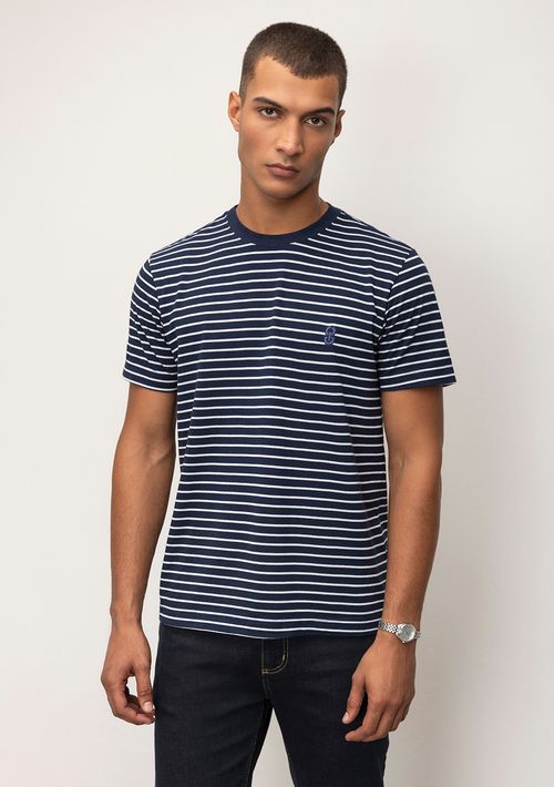 Camiseta Reta Careca Listrada Bordado Peito Azul Marinho