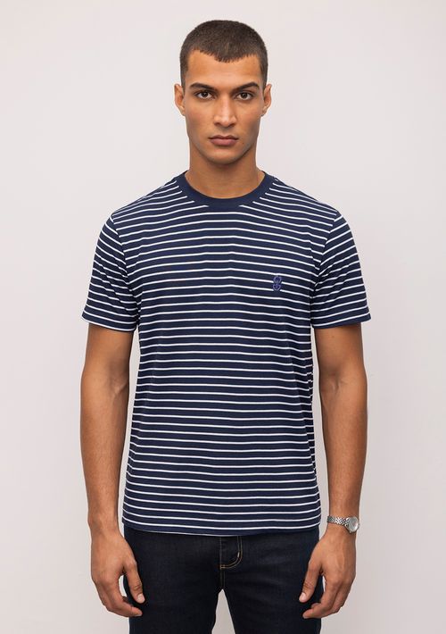 Camiseta Reta Careca Listrada Bordado Peito Azul Marinho