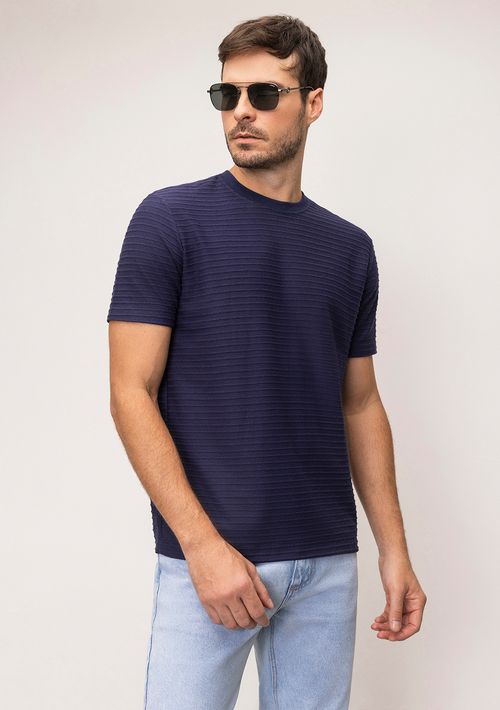 Camiseta Reta Careca Listras Texturizada Azul Marinho
