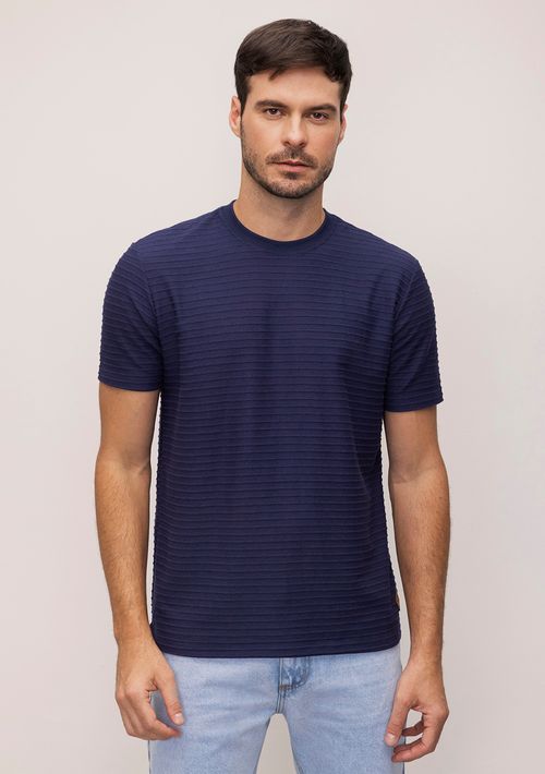 Camiseta Reta Careca Listras Texturizada Azul Marinho