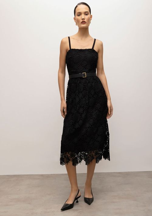 Vestido Iódice Midi Decote Reto Saia Evasê Preto