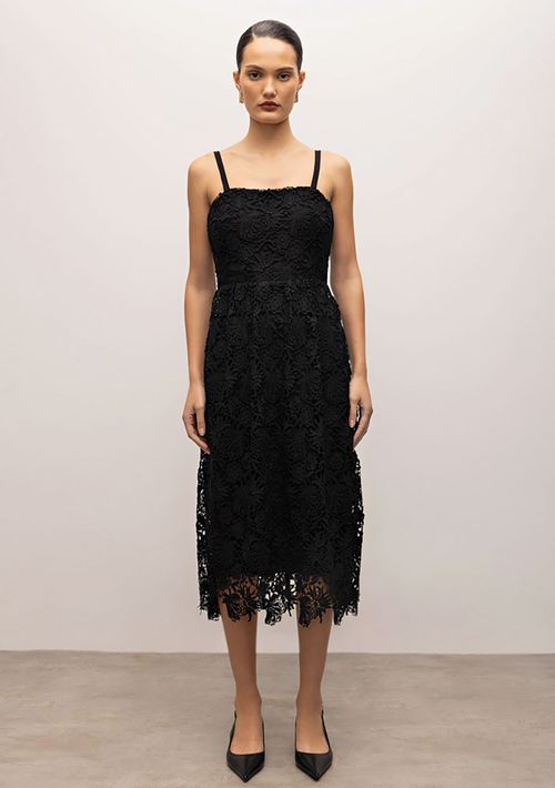 Vestido Iódice Midi Decote Reto Saia Evasê Preto