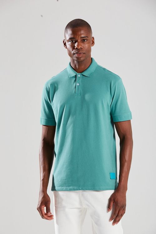 Camiseta Regular Gola Polo Etiqueta De Borracha Com Botão Azul