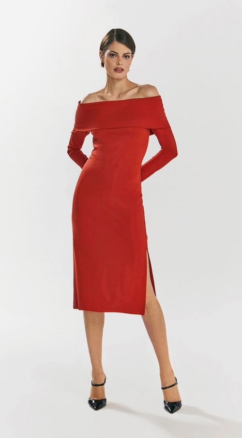 Vestido Iódice Midi Ombro A Ombro Com Fenda Laranja