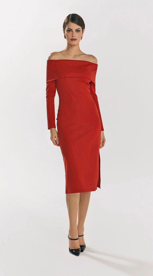 Vestido Iódice Midi Ombro A Ombro Com Fenda Laranja