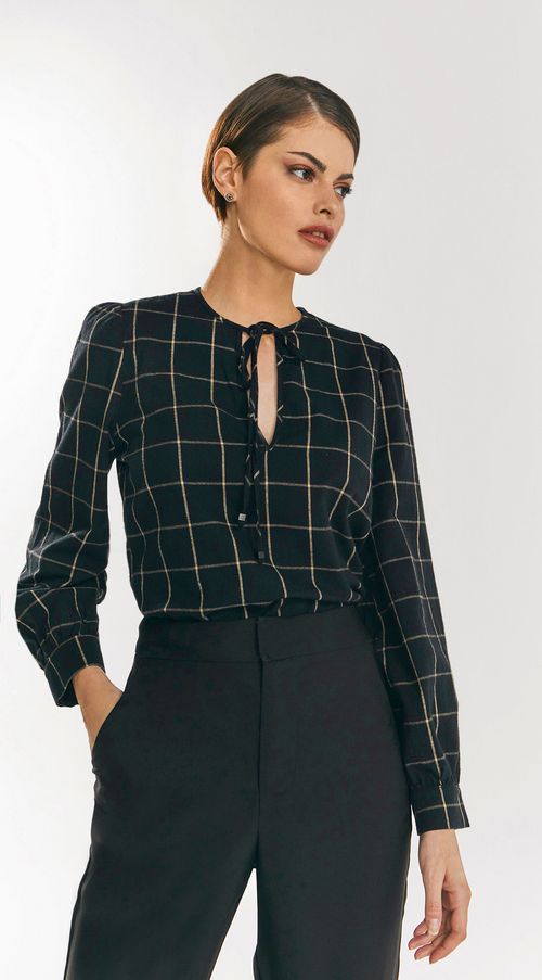 Blusa Iódice Decote V Manga Longa Com Amarração Xadrez
