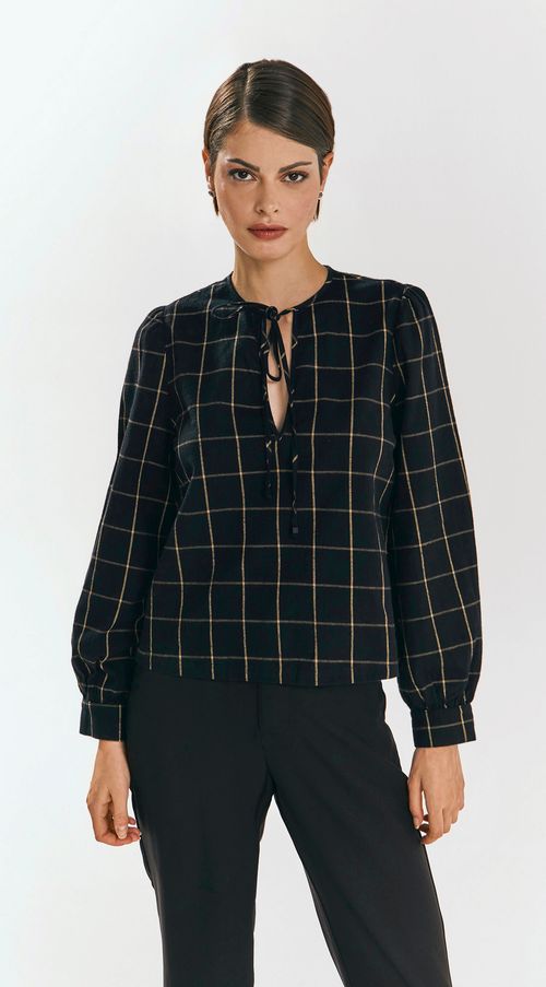 Blusa Iódice Decote V Manga Longa Com Amarração Xadrez