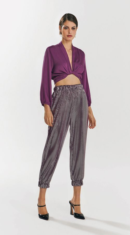 Calca Iódice Jogger Cós Alto Detalhe Elástico Roxo