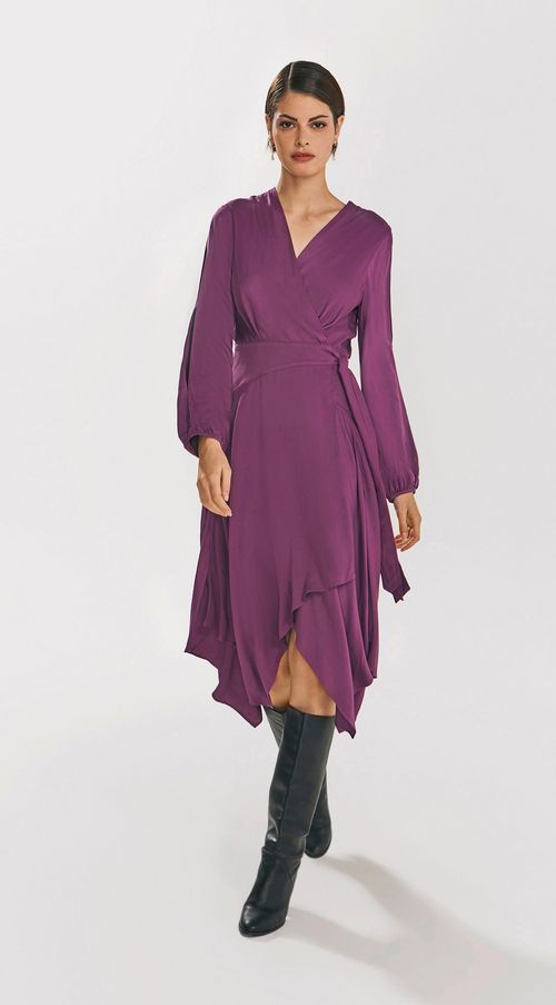 Vestido Iódice Midi Decote V Abertura Manga Roxo