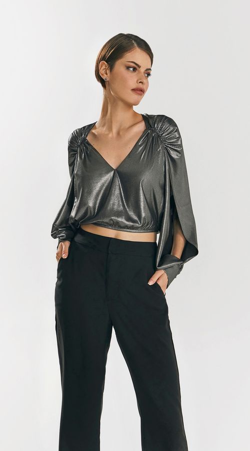 Blusa Iódice Decote V Manga Longa Abertura Manga Cinza