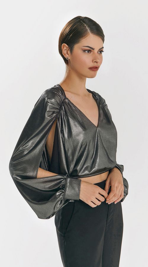 Blusa Iódice Decote V Manga Longa Abertura Manga Cinza