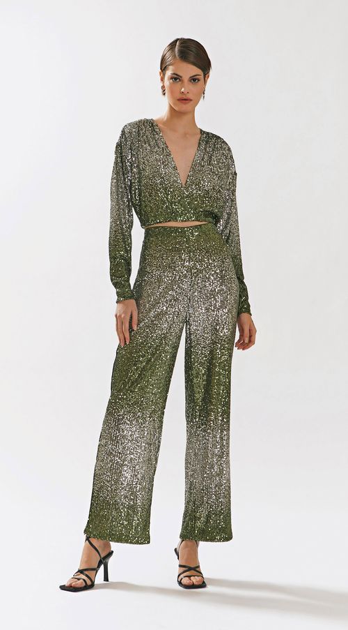 Calca Iódice Reta Cós Alto Com Pregas Verde