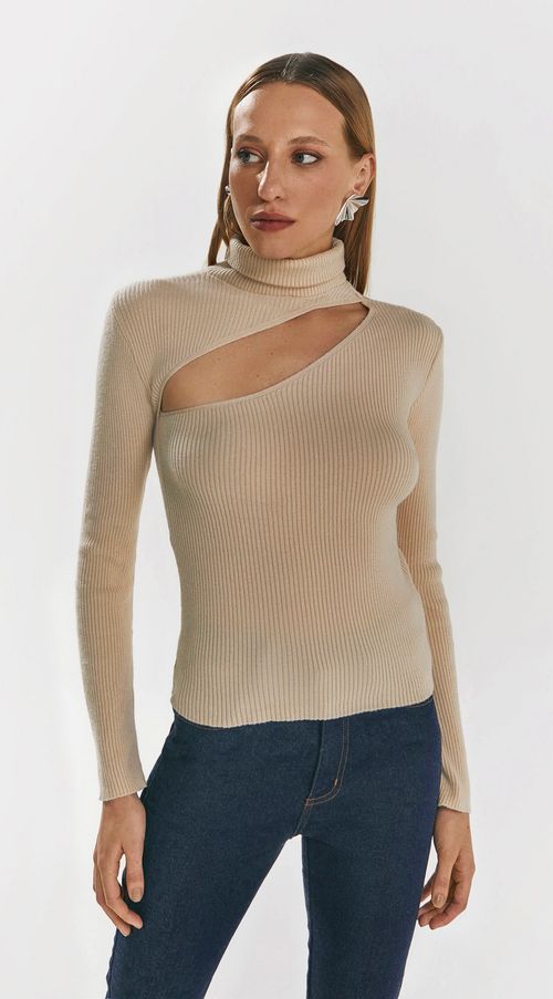 Blusa Iódice Gola Alta Manga Longa Abertura Frente Bege