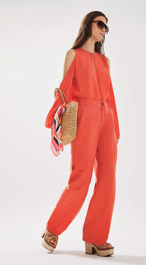 Calca Iódice Reta Cós Alto Bolso Lateral Laranja