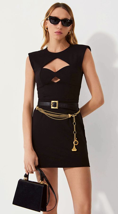 Vestido Iódice Curto Decote Assimétrico Com Recorte Preto