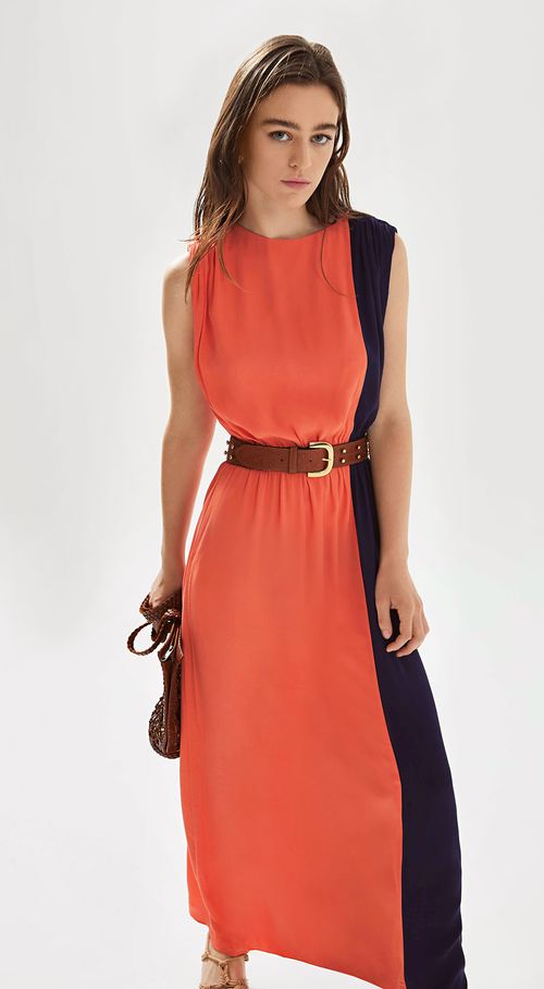 Vestido Iódice Longo Decote Redondo Com Franzido Laranja