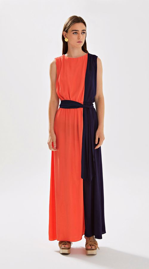 Vestido Iódice Longo Decote Redondo Com Franzido Laranja