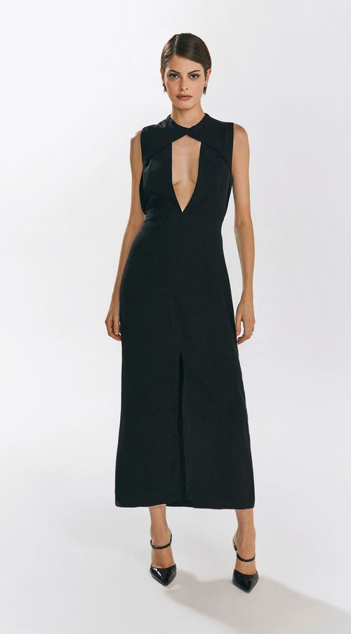 Vestido Iódice Longo Gola Alta Com Fenda Preto