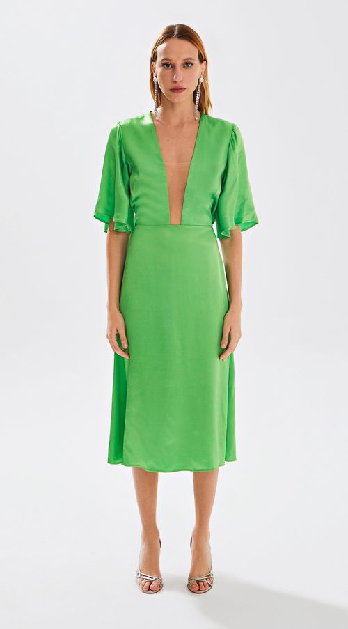 Vestido Iódice Midi Decote Profundo Detalhe Manga Verde