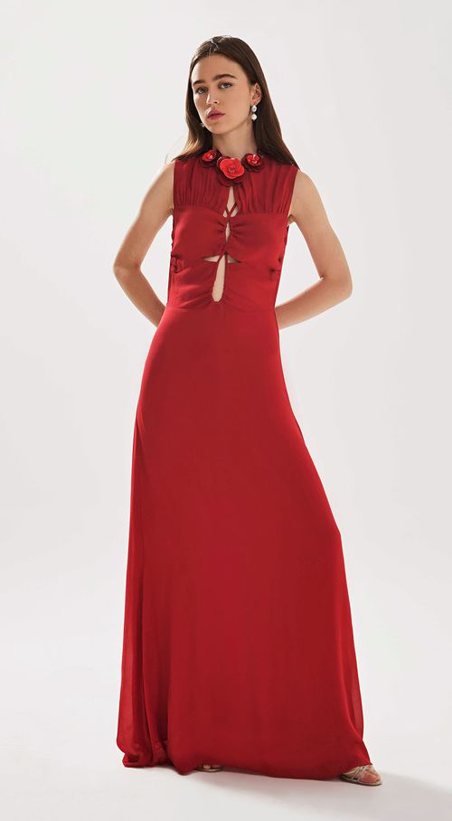 Vestido Iódice Longo Decote Redondo Com Recorte Vermelho
