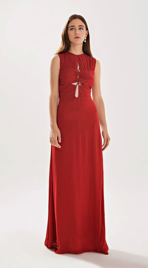 Vestido Iódice Longo Decote Redondo Com Recorte Vermelho