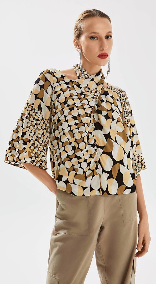 Blusa Iódice Decote Transpassado Manga Raglan 7/8 Amarração Costas Bege
