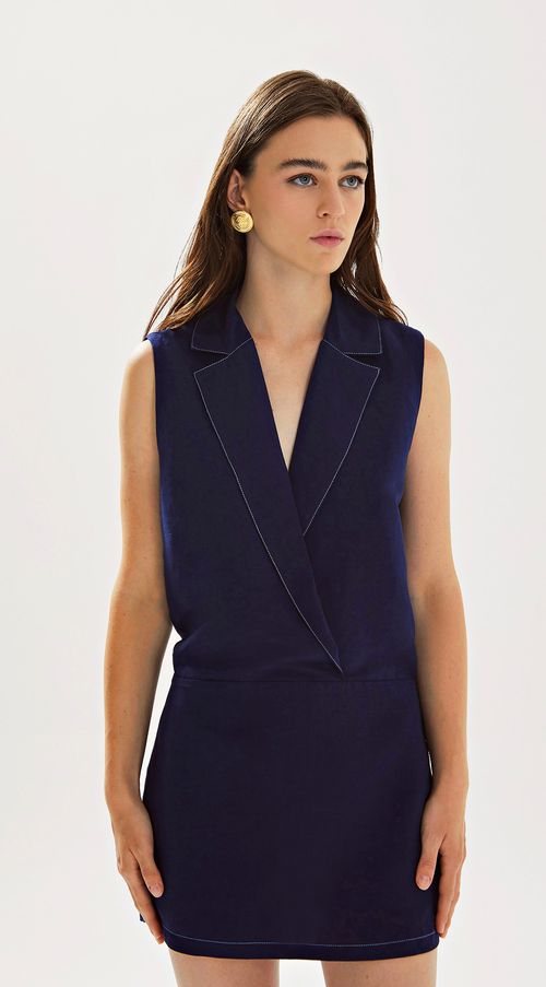 Vestido Iódice Curto Decote V Transpasse Frente Azul Marinho