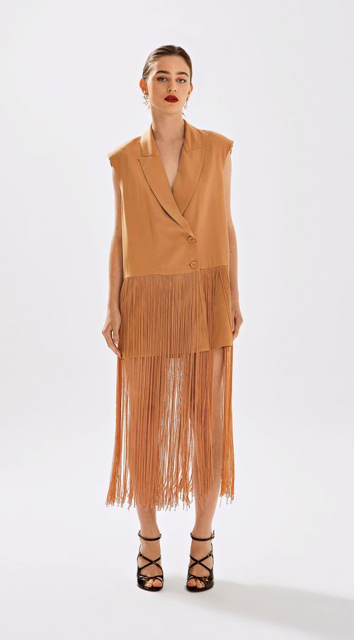 Vestido Iódice Curto Gola Alfaiataria Detalhe Franjas Marrom