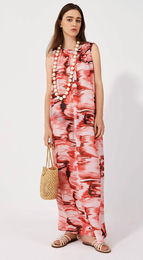 Vestido Iódice Longo Decote Reto Com Franzido Rosa
