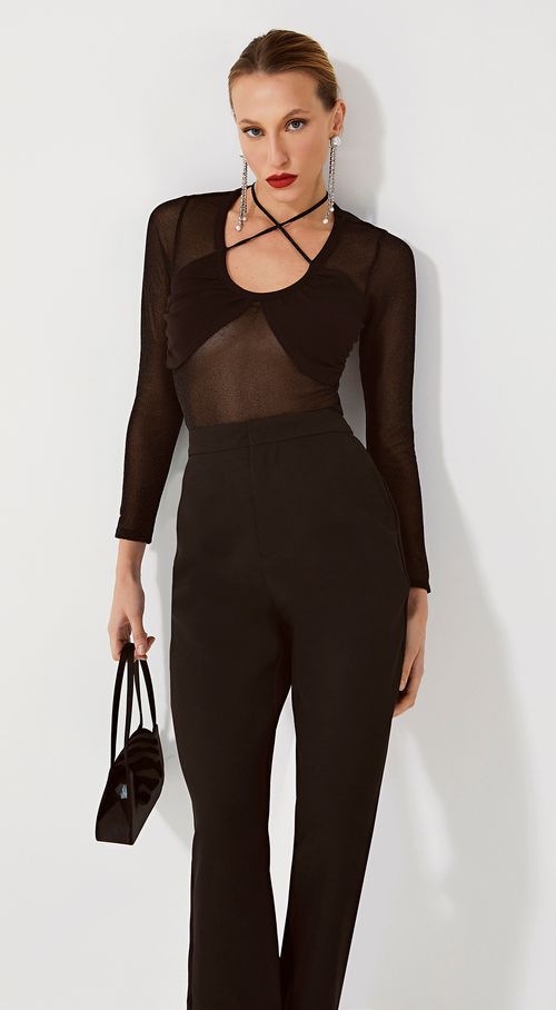 Blusa Iódice Decote Profundo Manga Longa Com Sobreposição Preto