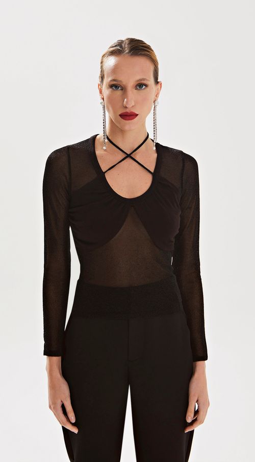 Blusa Iódice Decote Profundo Manga Longa Com Sobreposição Preto